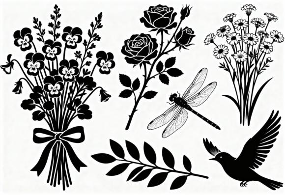 Floral Elements SVG Black White Clipart