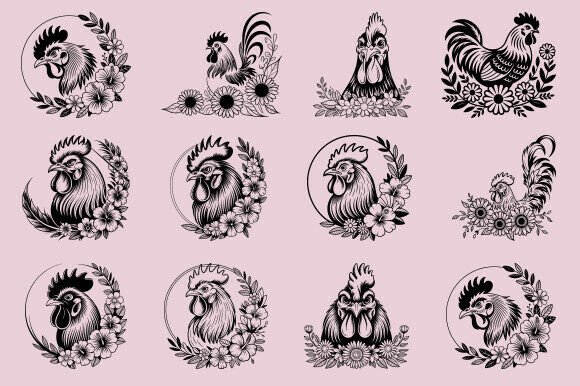 Rooster Bundle, Floral Chicken SVG